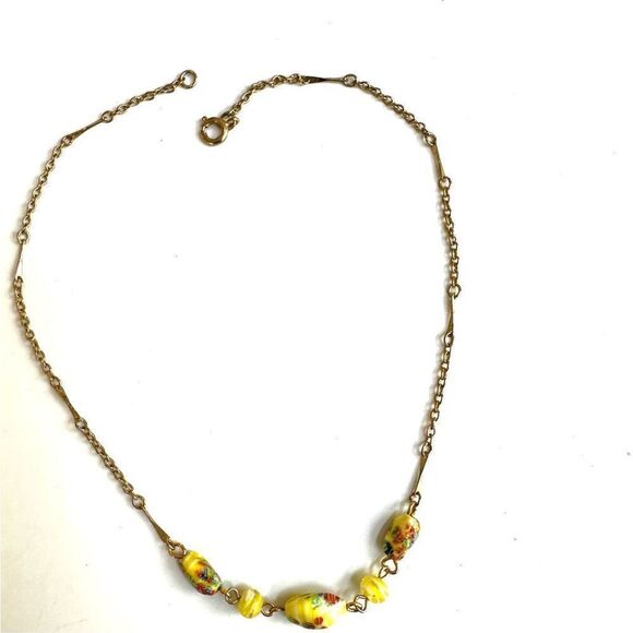 Yellow  glass hand painted beaded choker necklace - Picture 4 of 7